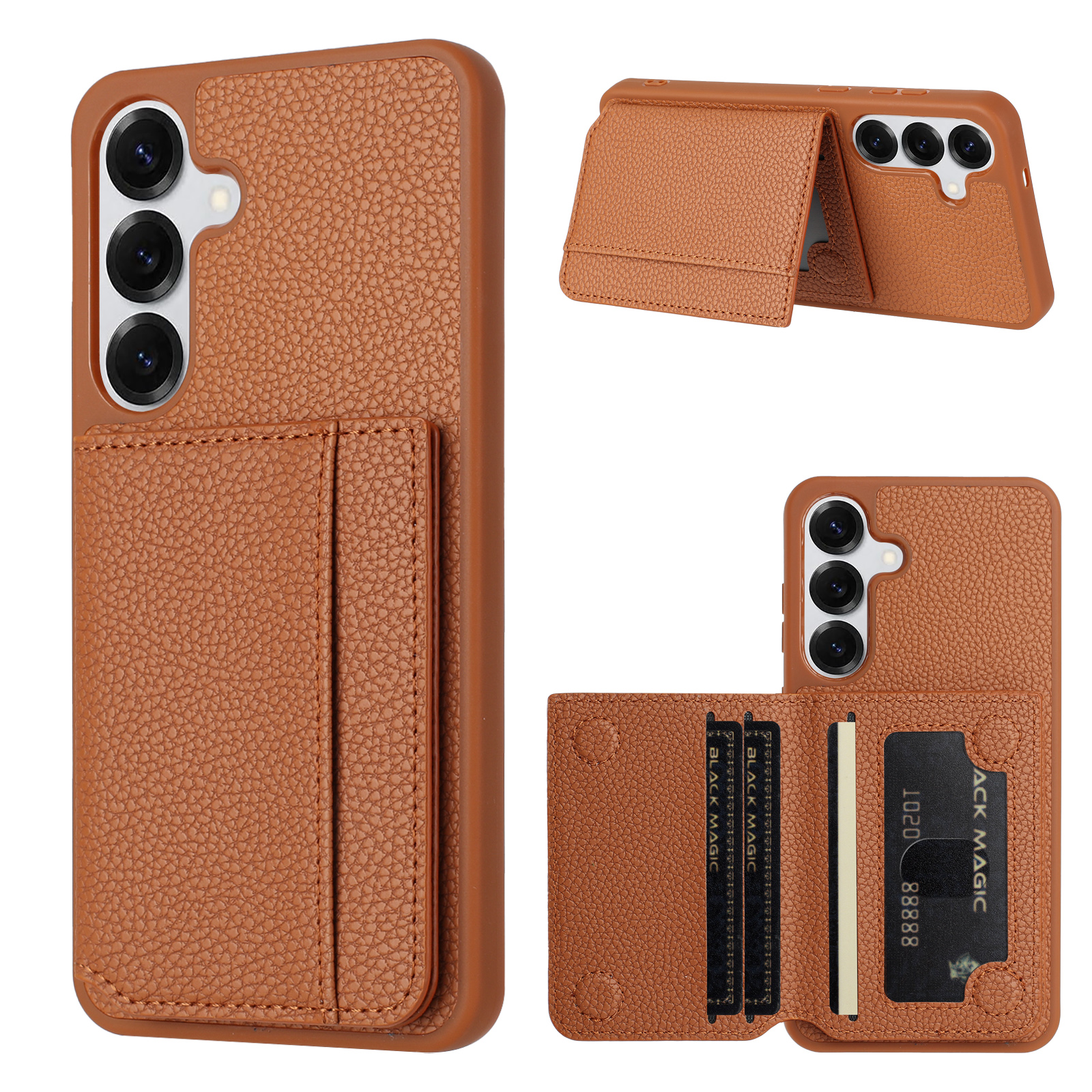 Kickstand Adjustable - Lychee Grain Magnetic Leather Wallet Card